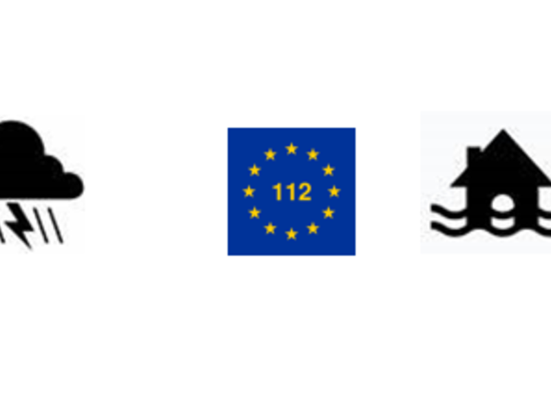 Symbole für Feuer, Hochwasser, Sturm, Kein Strom, Europäische Notrufnummer 112
