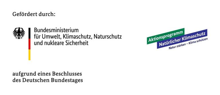 Das Bild zeigt Logos und Text des Bundesministeriums für Umwelt, Klimaschutz, Naturschutz und nukleare Sicherheit sowie das Aktionsprogramm "Natürlicher Klimaschutz" mit dem Hinweis auf eine Förderung durch den Deutschen Bundestag.
