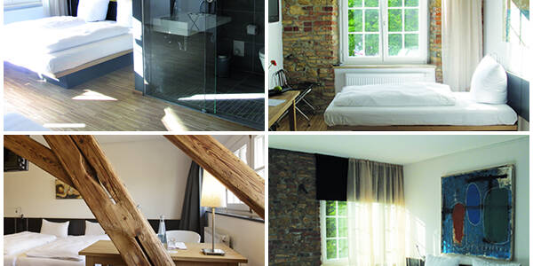 Collage verschiedener Zimmer im OX Hotel.