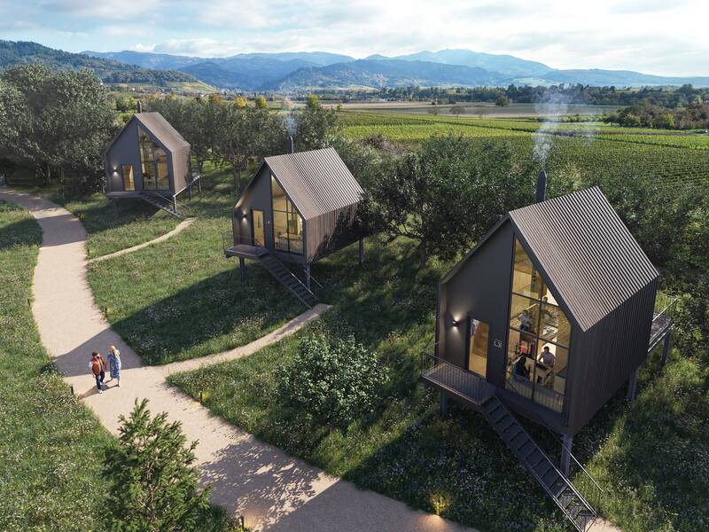 Die Vinea Lodges sind moderne Baumhäuser mit Blick in den Schwarzwald.