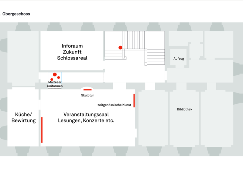 Der Grundriss vom Obergeschoss des Kanzleigebäudes mit Veranstaltungssaal, Bibliothek und Inforaum zum Schlossareal.