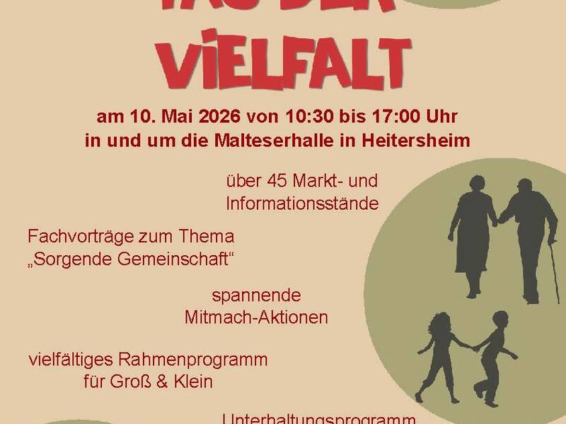 Ein Poster bewirbt den "Tag der Vielfalt" am 10. Mai 2026 in Heitersheim mit Marktständen, Fachvorträgen und einem Unterhaltungsprogramm für die Familie, illustriert durch Silhouetten von Menschen unterschiedlichen Alters.