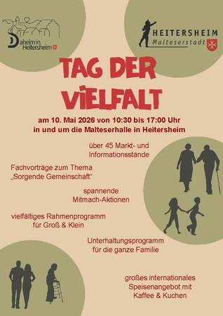 Ein Poster bewirbt den "Tag der Vielfalt" am 10. Mai 2026 in Heitersheim mit Marktständen, Fachvorträgen und einem Unterhaltungsprogramm für die Familie, illustriert durch Silhouetten von Menschen unterschiedlichen Alters.