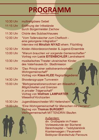 Das Bild zeigt ein Programmschema mit einer Liste von Veranstaltungen und Vorträgen, die zu verschiedenen Uhrzeiten stattfinden und sich mit Themen wie Integration, Wohngemeinschaften und kulturellen Darbietungen befassen.